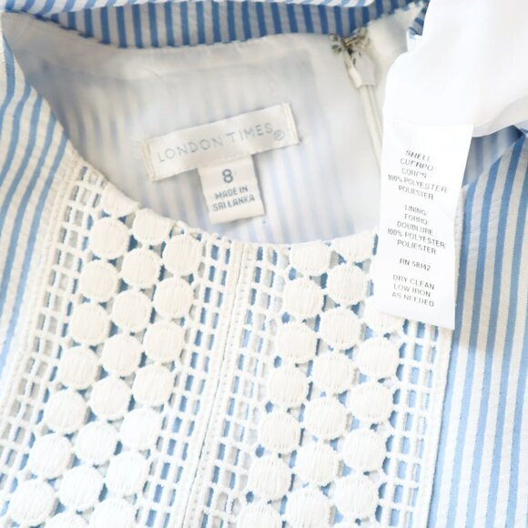 London Times Blue White Crochet Lace Panel Seersucker Stripe Shift Dress Size 8 - Picture 5 of 5